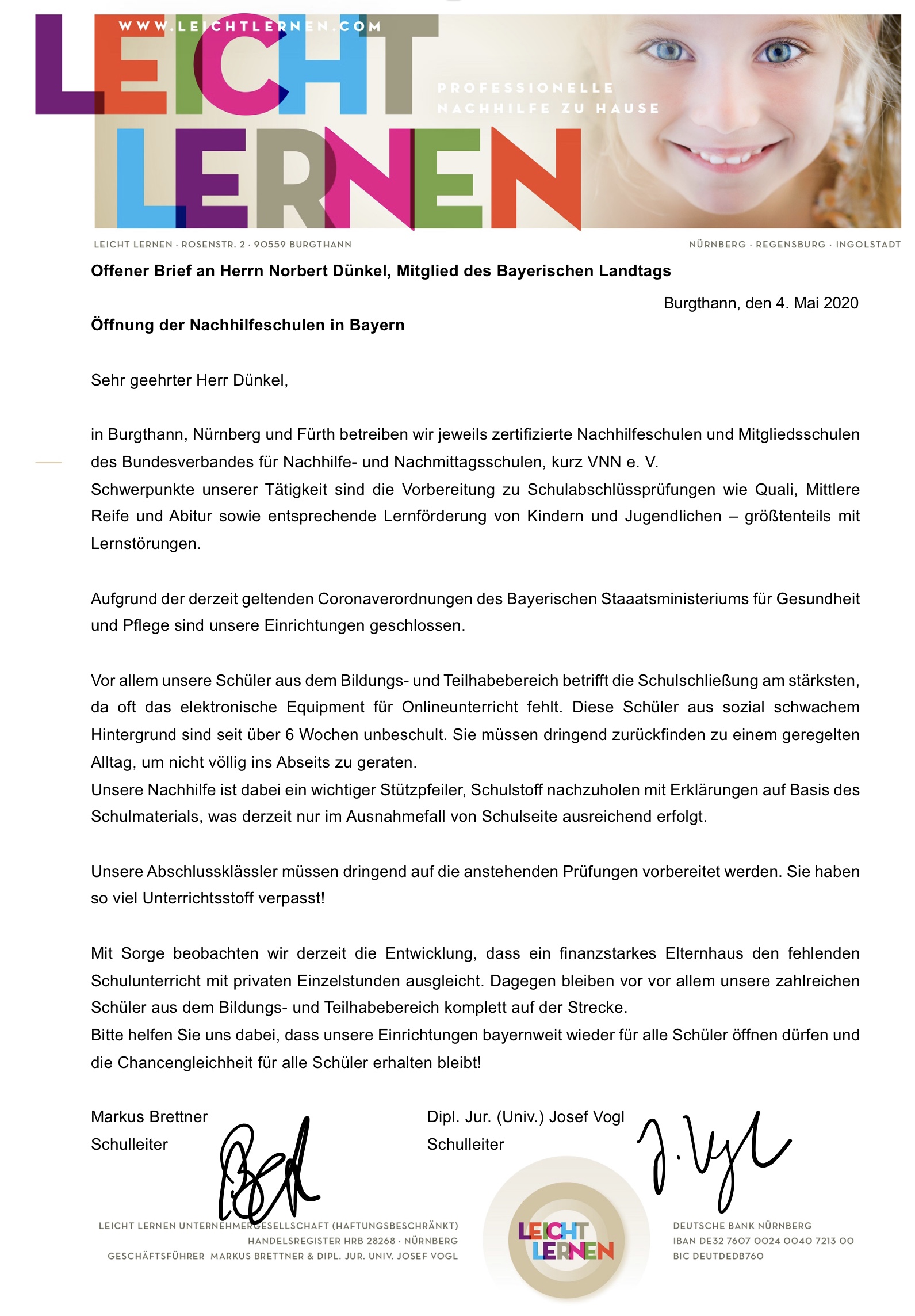 Offener Brief Öffnung der bayerischen Nachhilfeschulen an Norbert Dünkel